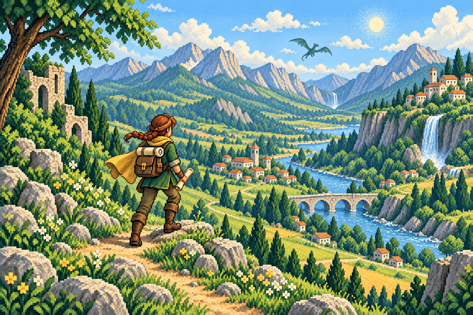 A female pixel-art explorer looks across a green valley with rivers and waterfalls as a dragon flies above the distant mountains.