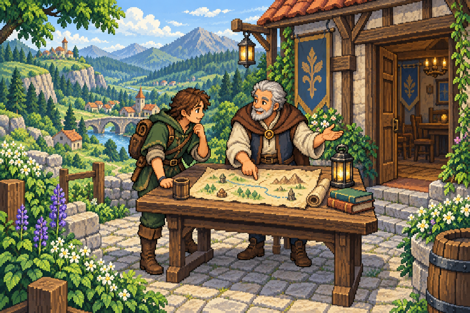 Pixel-art adventurer and a friendly quest giver planning a journey over a map outside a village guild house.