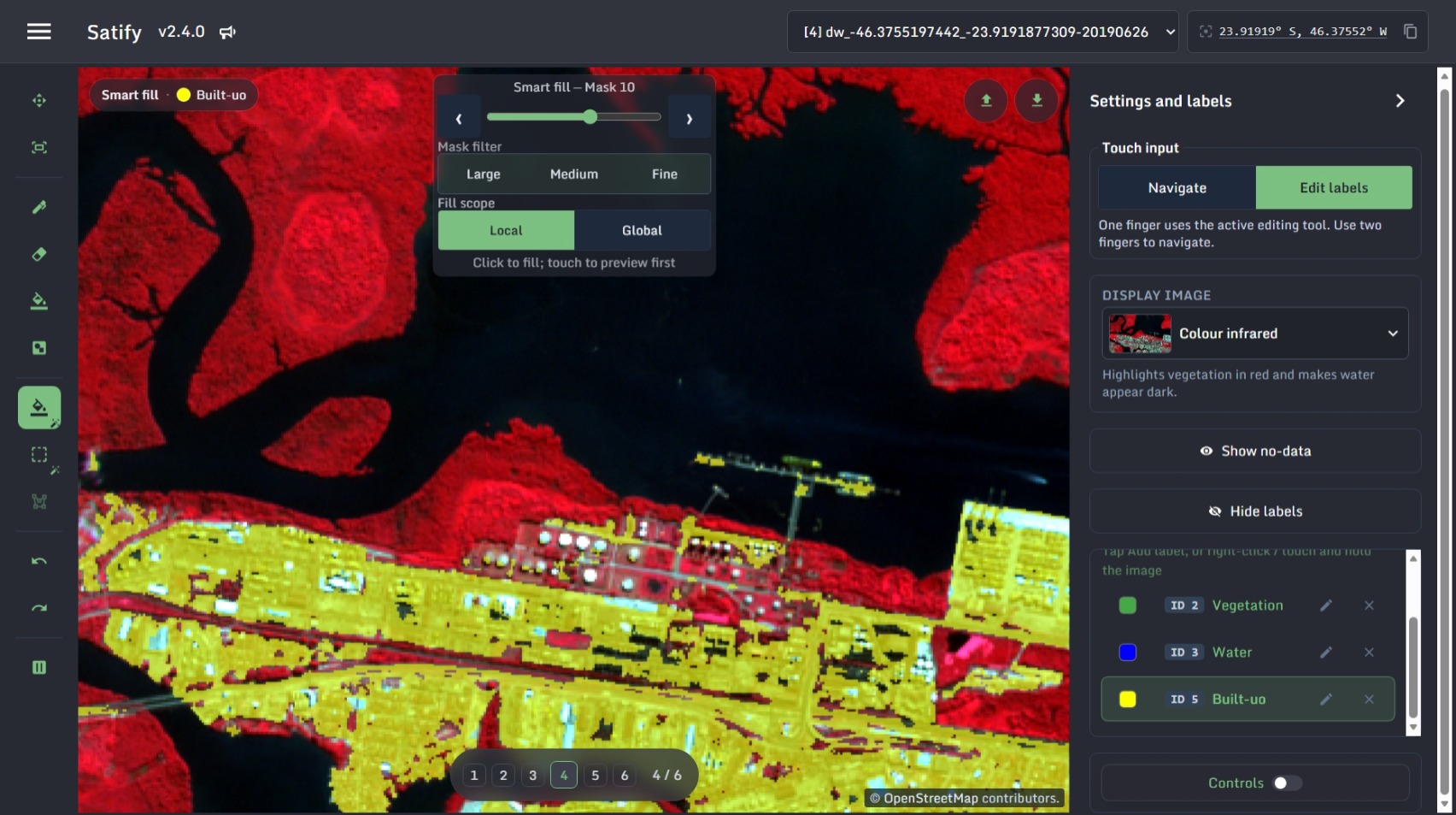 SATIFY app workspace showing colour-infrared remote sensing imagery, yellow built-up labels, Smart Fill controls, and the settings panel.
