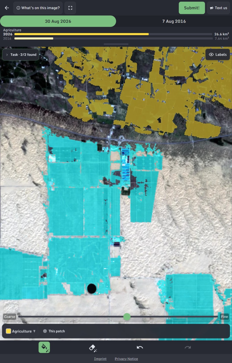 SATIFY game comparing remote sensing imagery from 2026 and 2016, with agriculture labels, area measurements, and labelling tools.