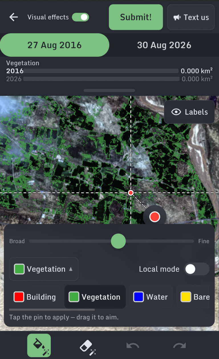Satify — The Game SATIFY game showing satellite imagery with painted land-cover labels and classification controls.